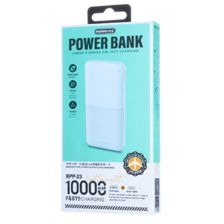 Power Bank 10000mAh REMAX Lango II Series RPP-23 – Charge Rapide 2.4A – 1 Port USB & Type-C – Bleu